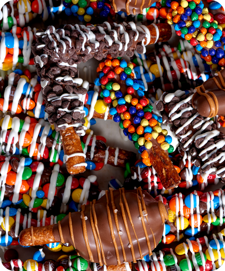 Closeup image of chocolate covered pretzels